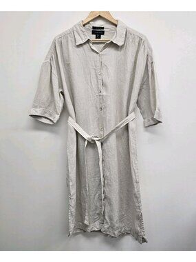Tahari 100% Linen Belted Shirt Dress L Button Down Lagenloook Minimalist Neutral